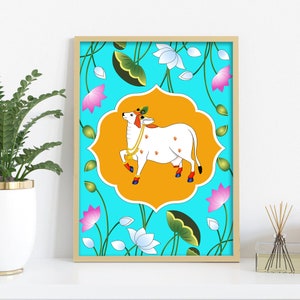 Indian Art Pichwai Painting Printable Wall Art decor, Indian Folk art, India wall art decor, Vibrant Prints, Gomatha, Holy cow art Print