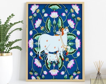 Indian Folk Art India Pichwai Painting Home Decor Poster Wall Art Pichwai Cow Painting Instant digital download wall decor for home pooja
