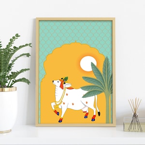 Indian Art Pichwai Painting, Pichwai Cow Painting, India Wall art print, Wall decor, Holy cow art poster, Indian painting, Indian folk art