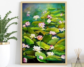 Indian Folk Wall Art, Printable Home Decor, Floral Poster, Decor, Poster, Wall Art, Vintage Flower Painting, Lotus, Instant digital download