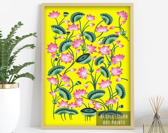 Indian Pichwai Floral Wall Art: Vintage Lotus Painting (Digital Download)