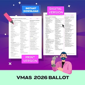 May include: A 2026 MTV Video Music Awards ballot featuring two white sheets with black text listing award categories and nominees. A pink marker, a digital cursor, and an illustration of a person holding a VMA trophy are visible.