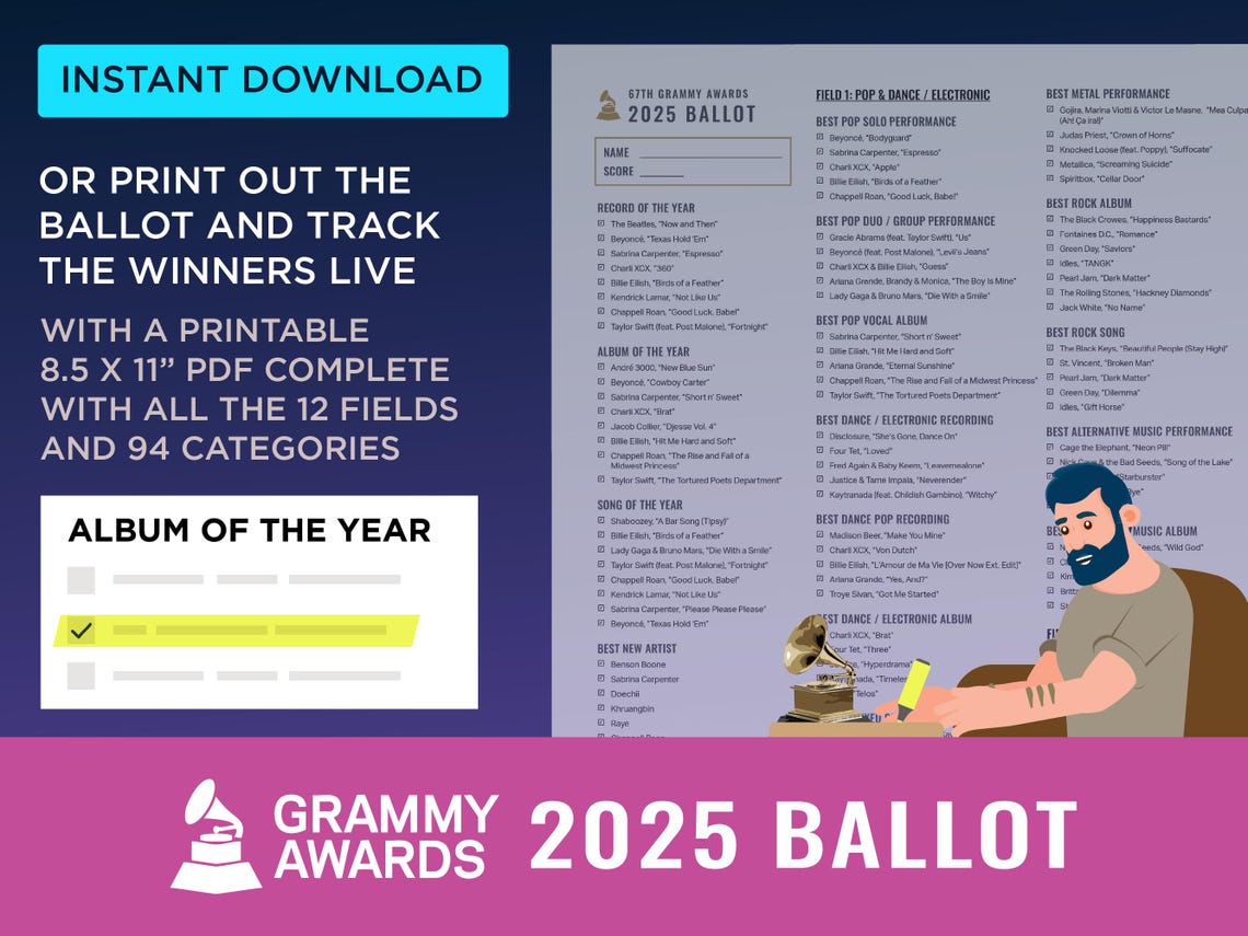 2025 67th Grammys INTERACTIVE + PRINTABLE Minimalist Ballot Grammy