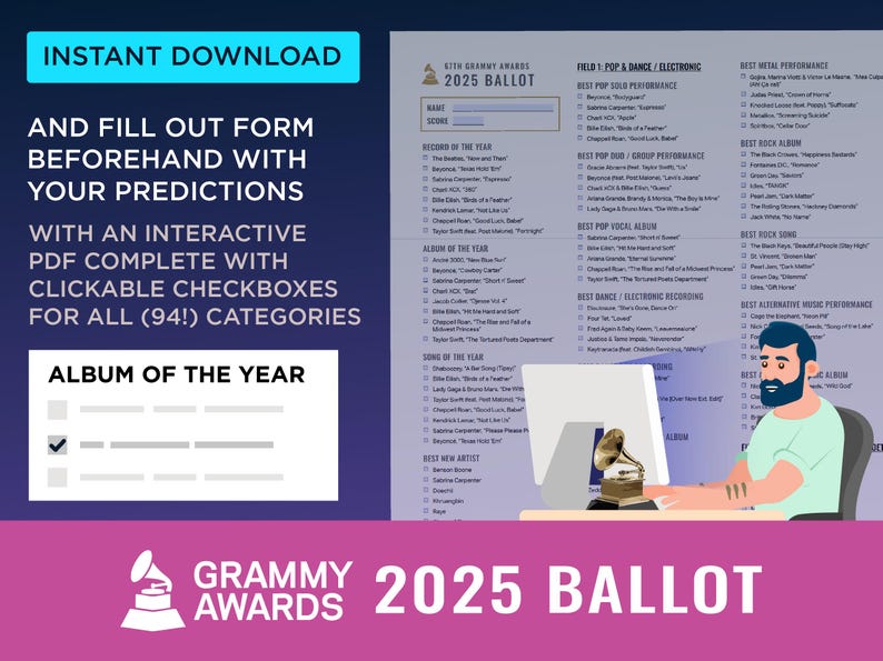 2025 67th Grammys INTERACTIVE + PRINTABLE Minimalist Ballot | Grammy ...