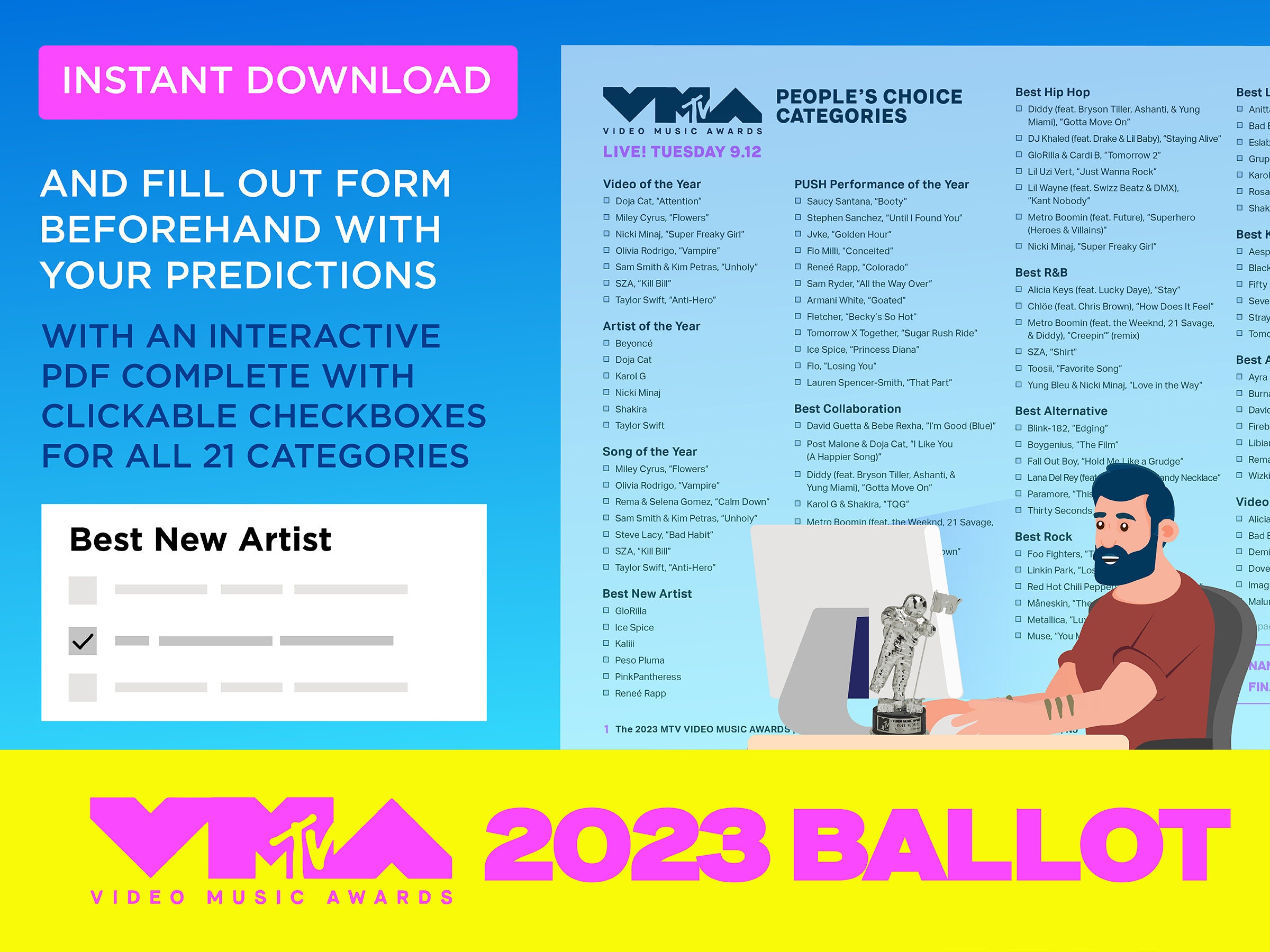 2023 MTV Vmas INTERACTIVE PRINTABLE Minimalist Ballots Video Music ...