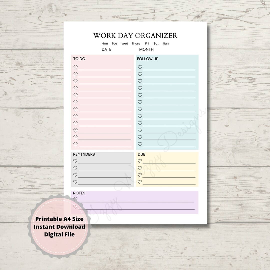 Work Day Organizer Printable, Work Planner, Daily Planner, to Do List ...
