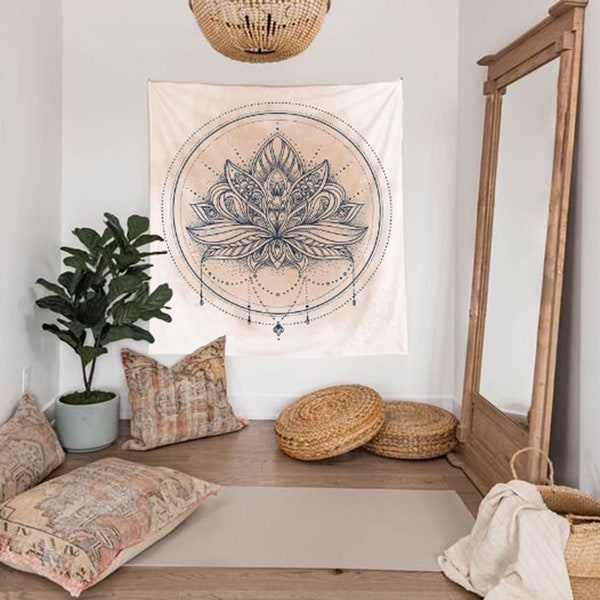 Bohem Lotus Modern Tapestry, Boho Bohemian Decor, Yoga Studio Decor, Yoga Decor, Meditation Decor, Garden, Balcony, Wall Hanging