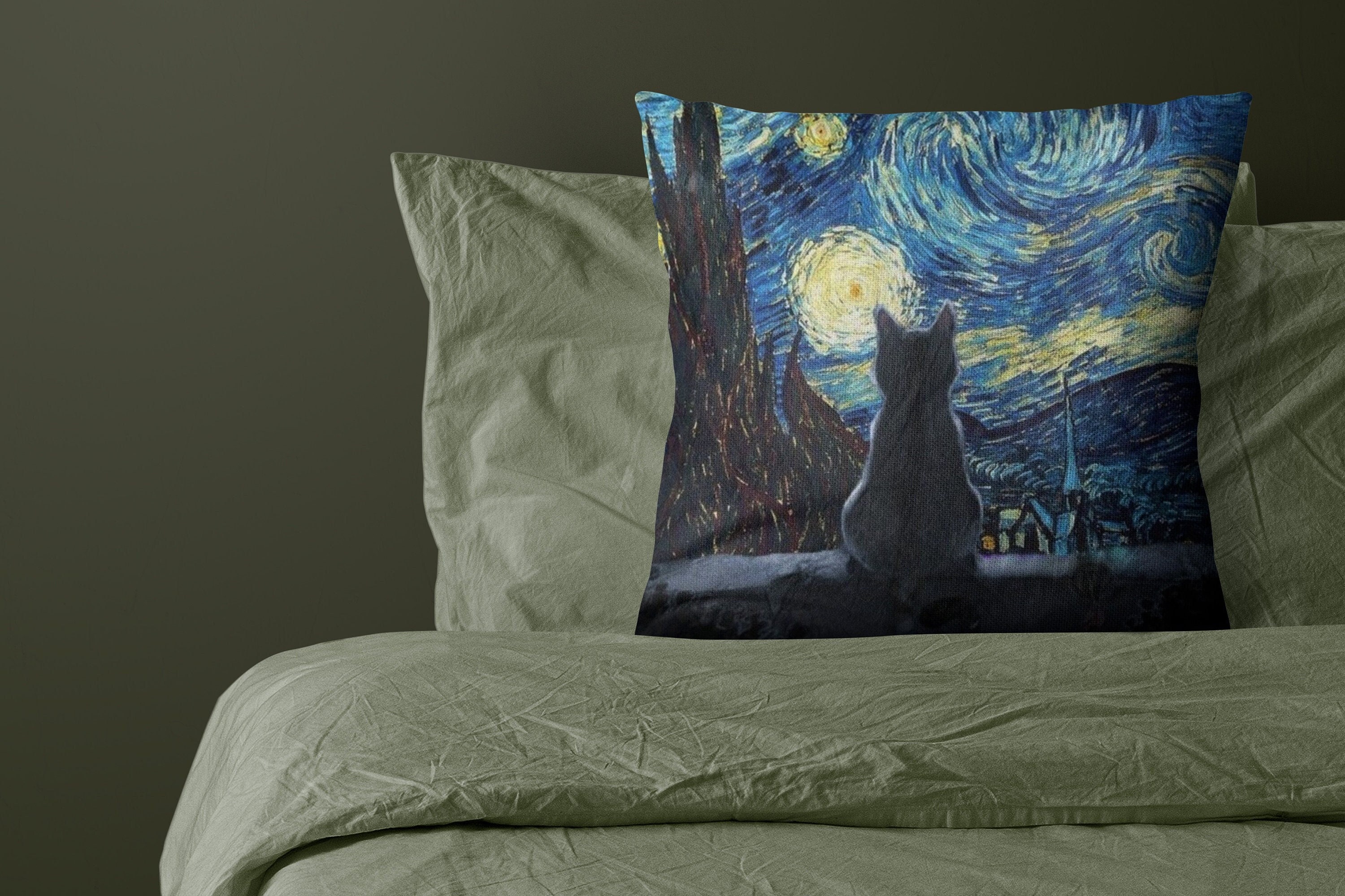 Vincent Van Gogh Starry Night With Cat Pillowcase, Cat Pillow Cover