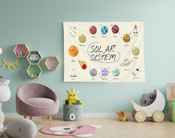 Solar System Tapestry, Solar System Wall Hanging, Solar System Art, Tapestry Kids Room, Nursery Wall Hanging, Educational, Astronaut, Rocket