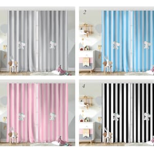 Vertical Stripes Kids Room Curtain, Cute Elephant Kids Backdrop Curtain, Baby Boy Room Curtains, Nursery Blue Curtains, Baby Room Decor