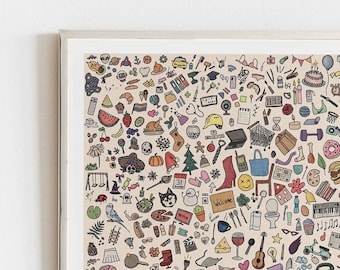Life Doodle Art Print, Life&#39;s Tiny Icons Doodle, Sketch Art, Icon Drawing Art Print Printable Wall Art Iconic Daily Moments Digital Download