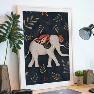 Boho Elephant Print, Cute Animal Illustration Boho Dark Printable Art Abstract Elephant with Butterfly and Plants Art Print Digital Download