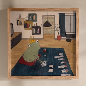 Kikker Solitaire spelen illustratie, schattige kikker kunst, kikker print, schattige dieren kunst voor kaartspelliefhebbers, poster digitale download