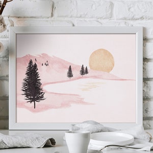 Pink Minimal Landscape Art Print Scenery Wall Art Nature Print Digital Download Large Wall Art Landscape Canvas Sun Artwork Scenery Print