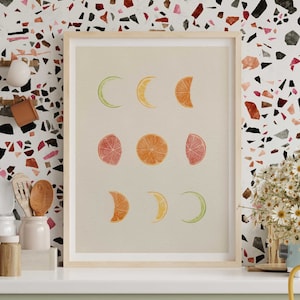 Fruit Moon Phases Art Print, Kitchen Wall Art, Minimalist Kitchen Poster, Modern Wall Art, Fruits Poster Lime Lemon Orange Instant Download