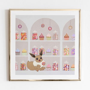 Eevee Art Print, Kids Room Decor, Pokemon Wall Decor, Eevee in Candy Shop, Pokemon Wall Art, Eevee Minimal Pokemon Poster, Digital Download