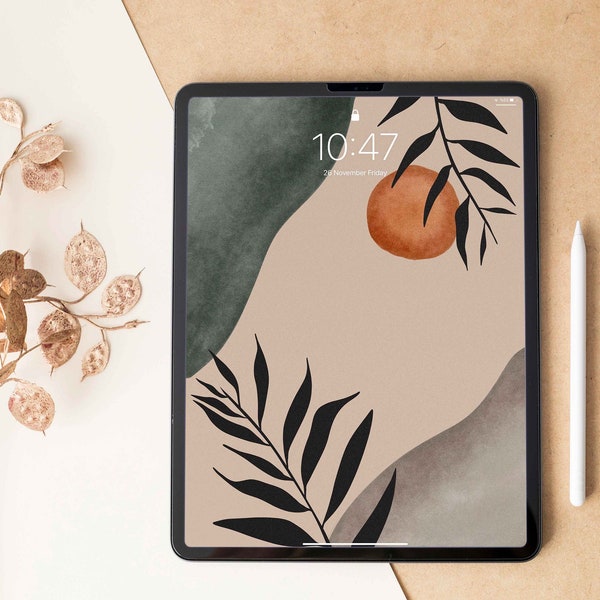 Leaves Background for Ipad Aesthetic Wallpaper Tablet Earthy Tones Abstract Screensaver Watercolor Background Burnt Orange Sun Wallpaper