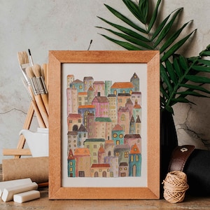 Colorful Architecture Print, Architectural Sketch Pastel Houses Art Print Minimal Wall Decor House Sketch Living Room Decor Digital Download