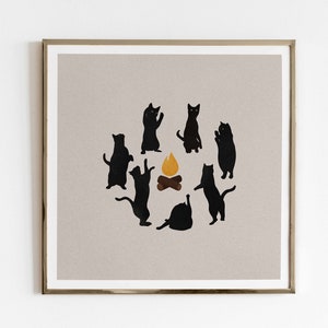 Cat Ritual Art Print, Cats Campfire Poster, Black Cat Illustration, Minimalist Printable Art Funny Cat Poster Digital Download