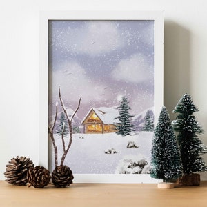 Snowy Winter Cottage Print Christmas Poster Xmas Printable Winter Wall Decor Christmas Wall Art Winter House Decor Holiday Decor