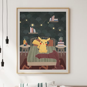 Stampa artistica di Pikachu sorpreso, decorazione per camera da letto, decorazione da parete del Pokémon Pikachu, arte da parete dei Pokémon, poster minimalista del Pokémon Pikachu, arte da parete per camera da letto