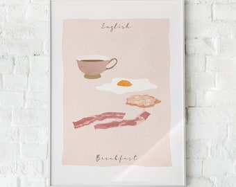 Impresión artística de desayuno inglés Impresión de comida inglesa Póster de desayuno Tocino y huevos Arte gastronómico Cocina inglesa Regalo gourmet Té Arte mural de cocina