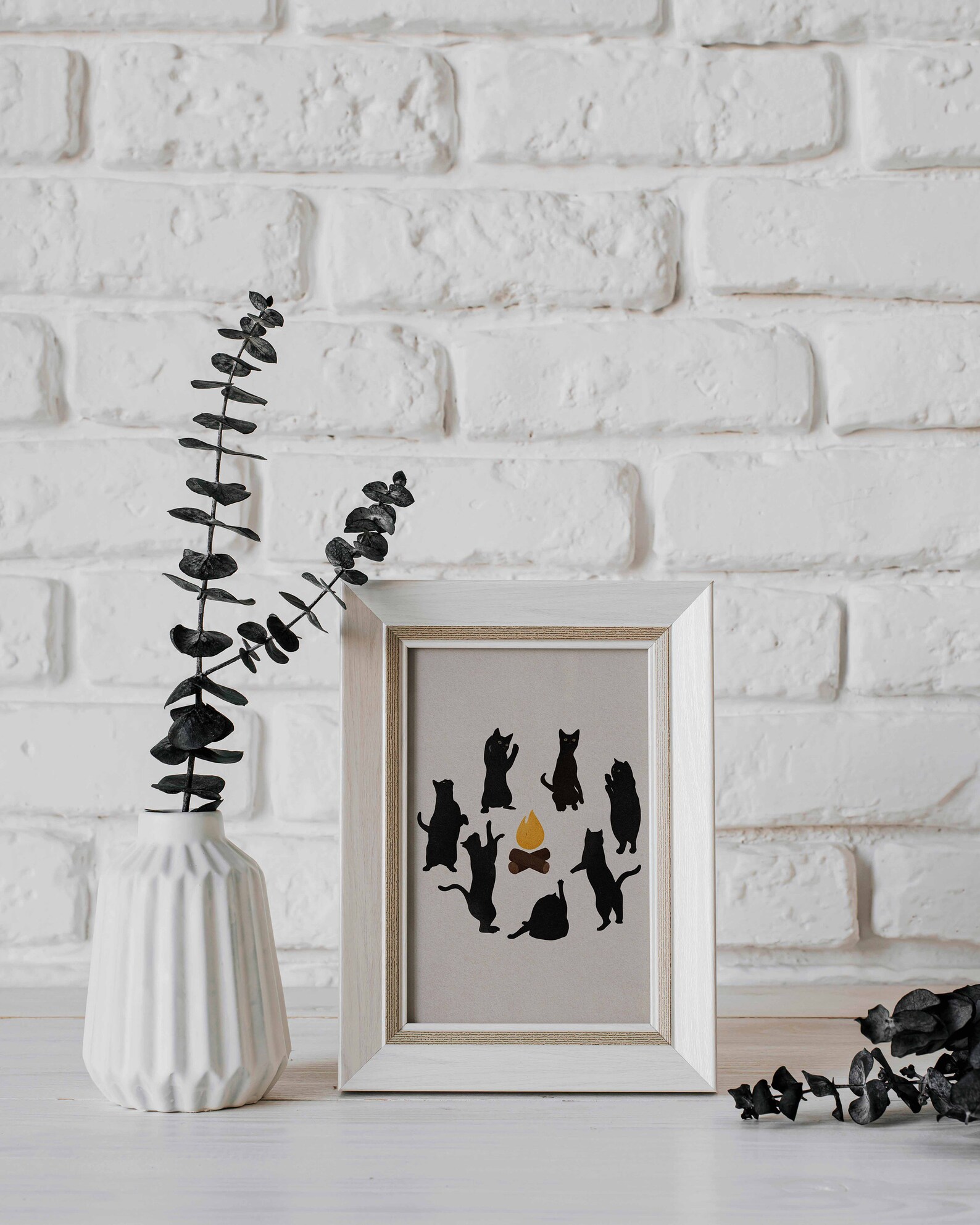 Cat Ritual Art Print, Cats Campfire Poster, Black Cat Illustration ...