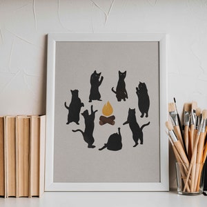 Cat Ritual Art Print, Cats Campfire Poster, Black Cat Illustration ...