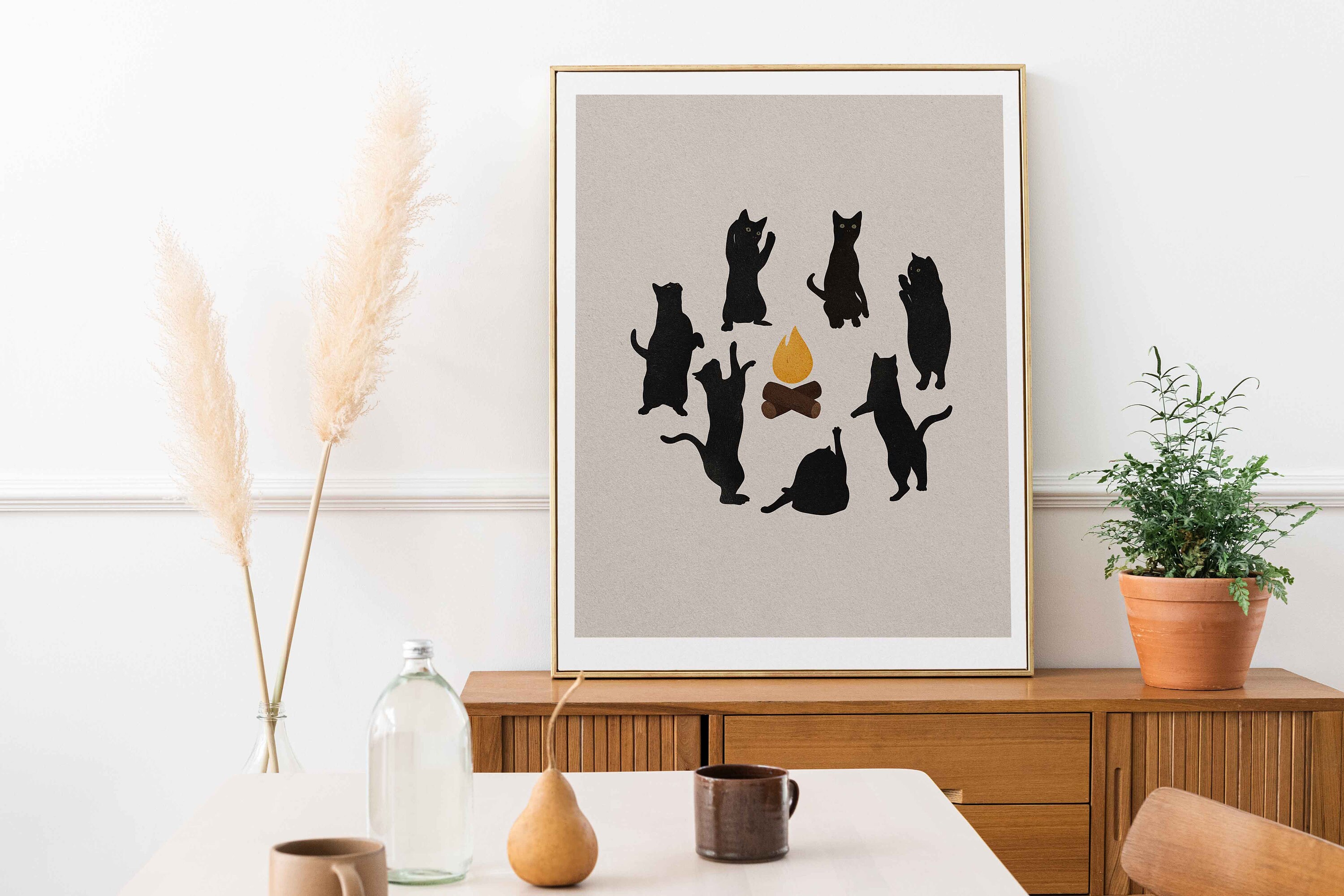Cat Ritual Art Print, Cats Campfire Poster, Black Cat Illustration ...