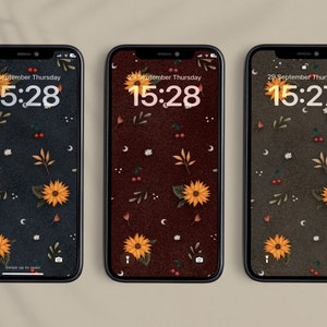 Boho Sunflower Wallpaper Set of 3, Iphone Wallpaper Leaf Iphone Aesthetic Background Boho Screensaver Dark Blue Red Green Digital Download
