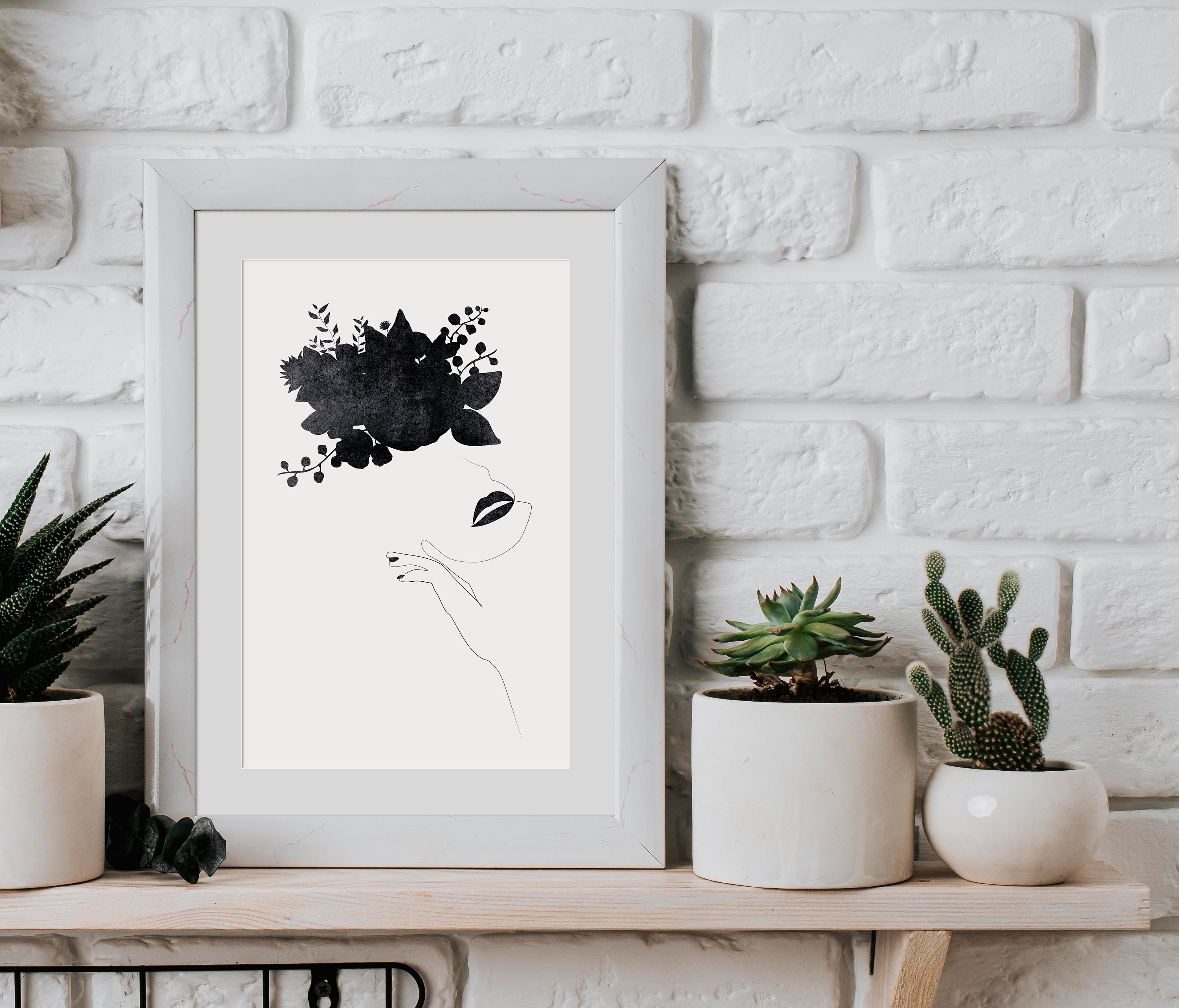 Female Line Art Head of Flowers Art Modern Minimalist Poster | Etsy