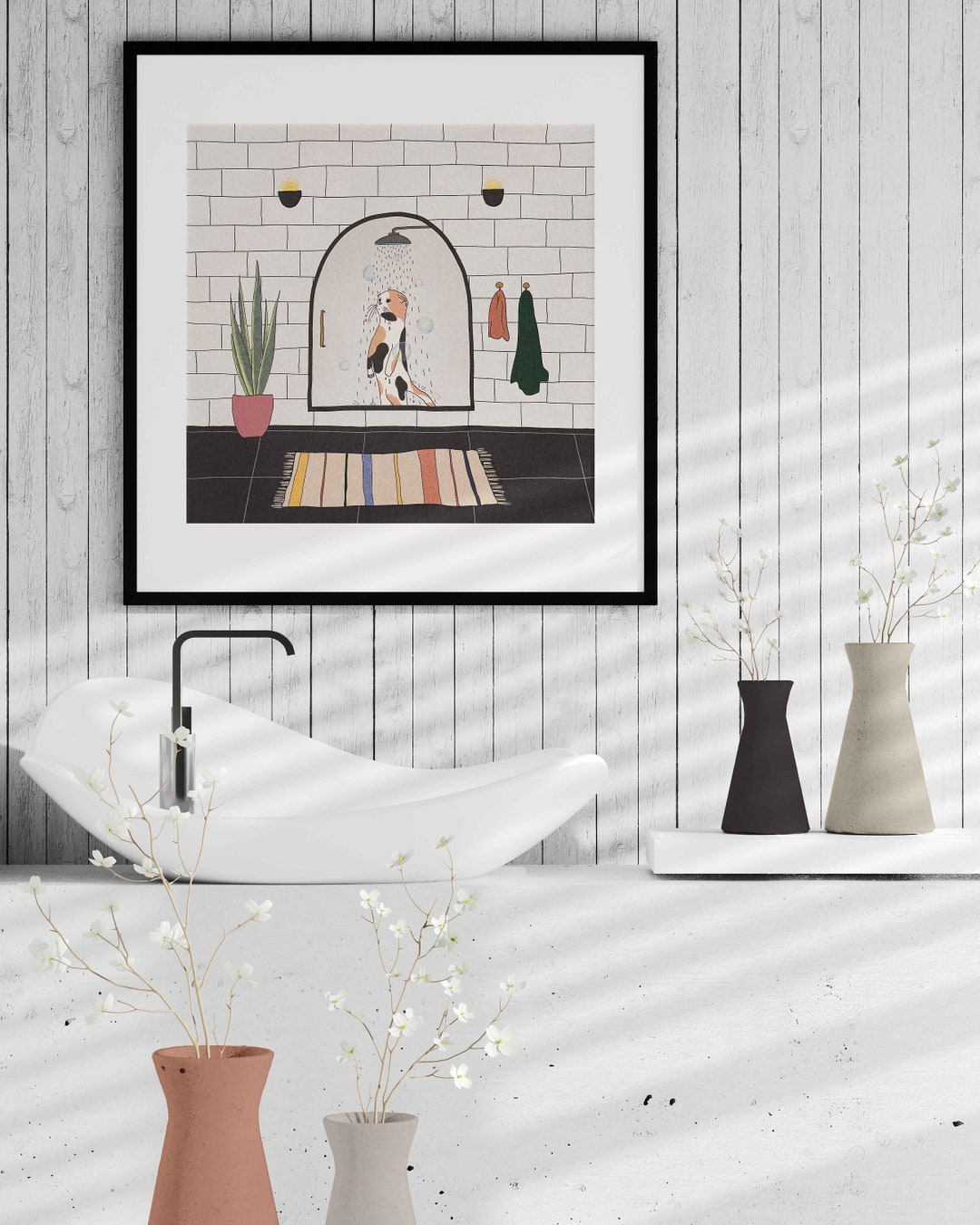 Cat Bathroom Art Print, Sad Cat in Shower, Cat Digital Download