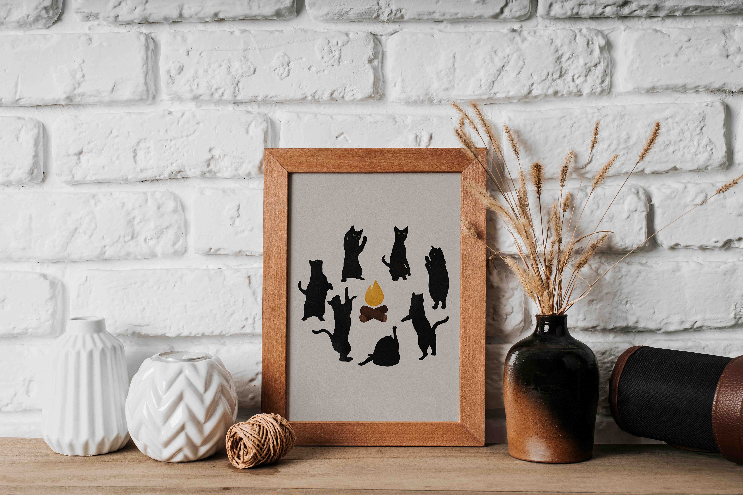 Cat Ritual Art Print, Cats Campfire Poster, Black Cat Illustration ...