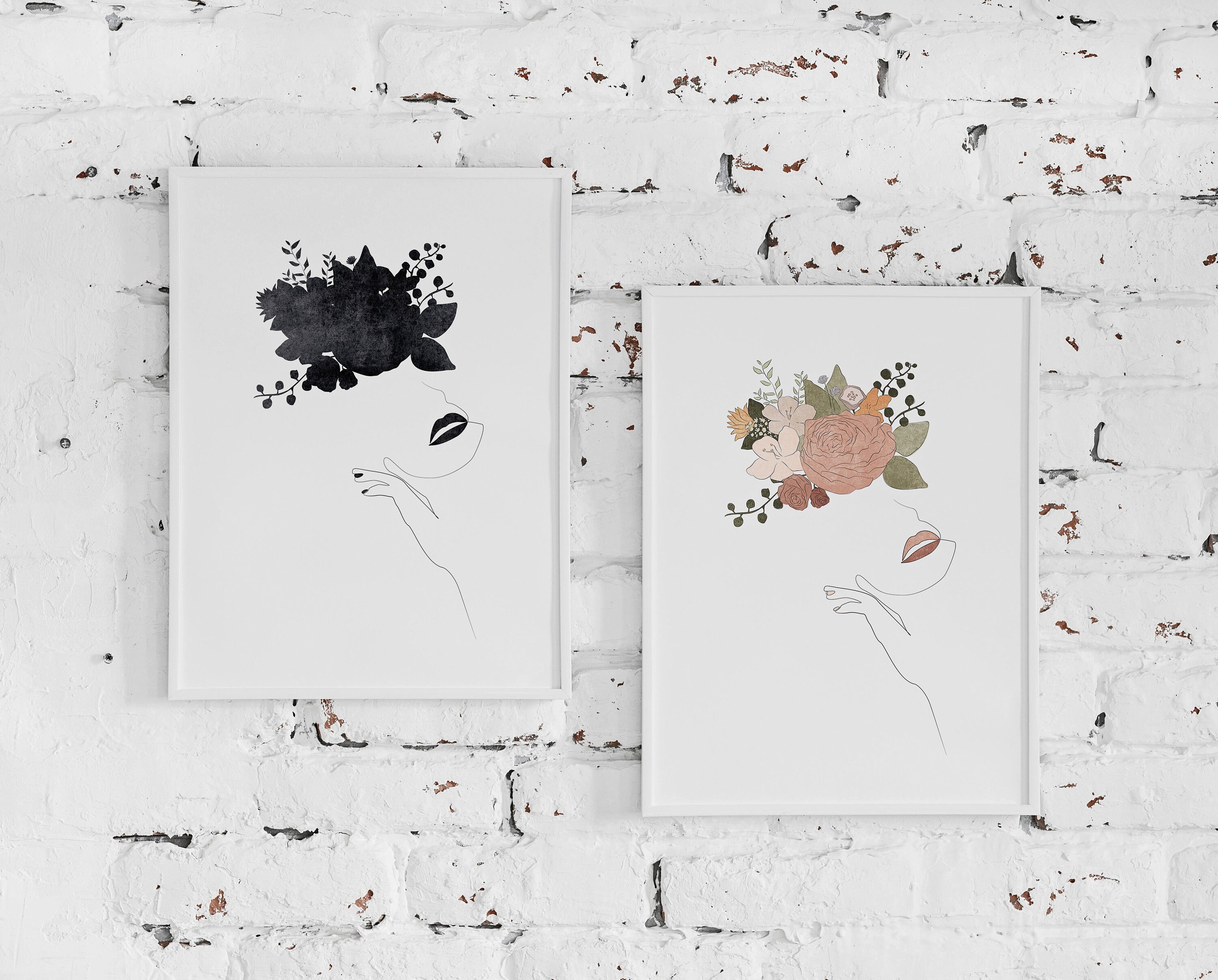 Female Line Art Head of Flowers Art Modern Minimalist Poster Etsy