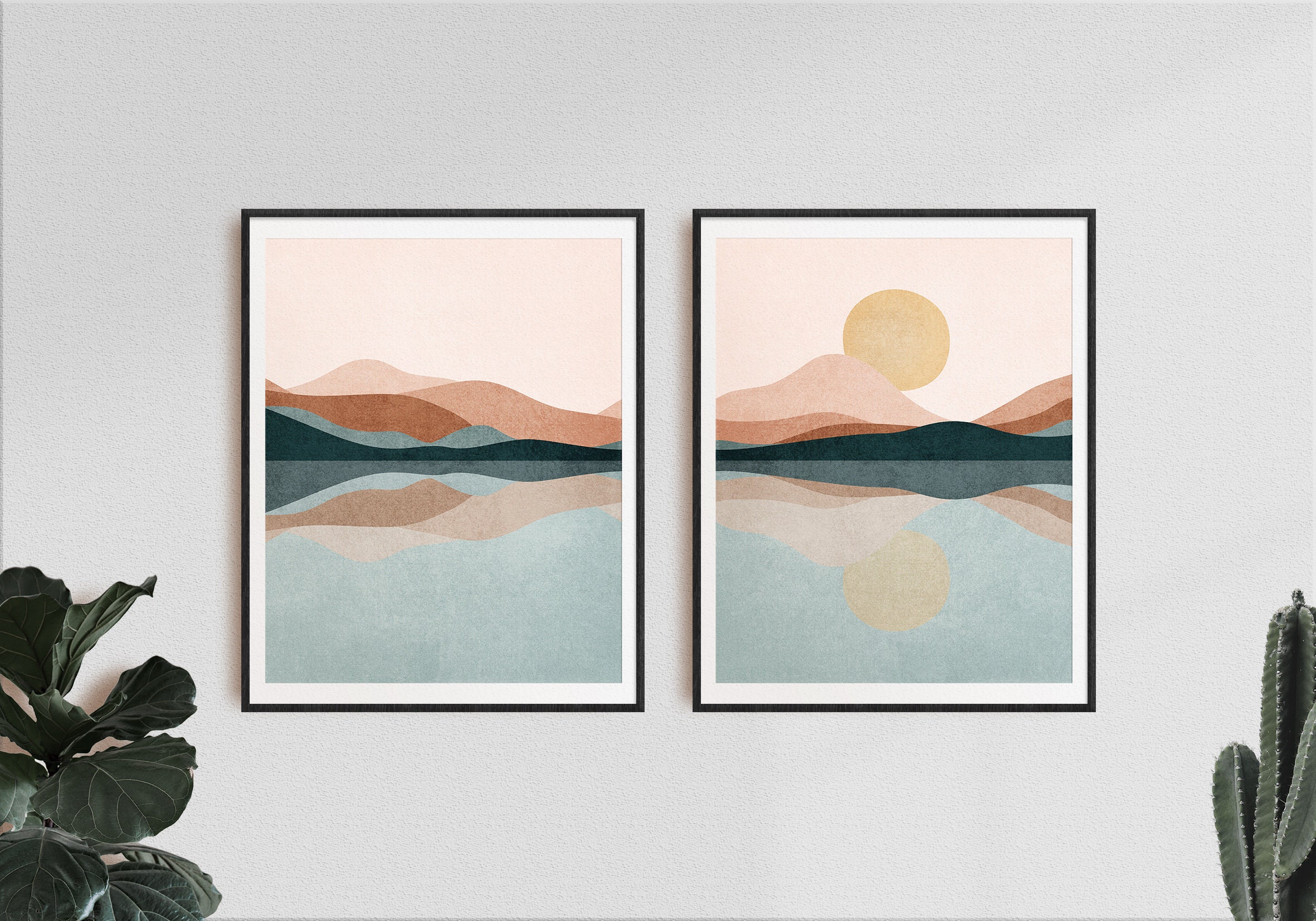 Sun and Mountain Print Set of 2, Mountain Wall Art Boho Sun Poster ...