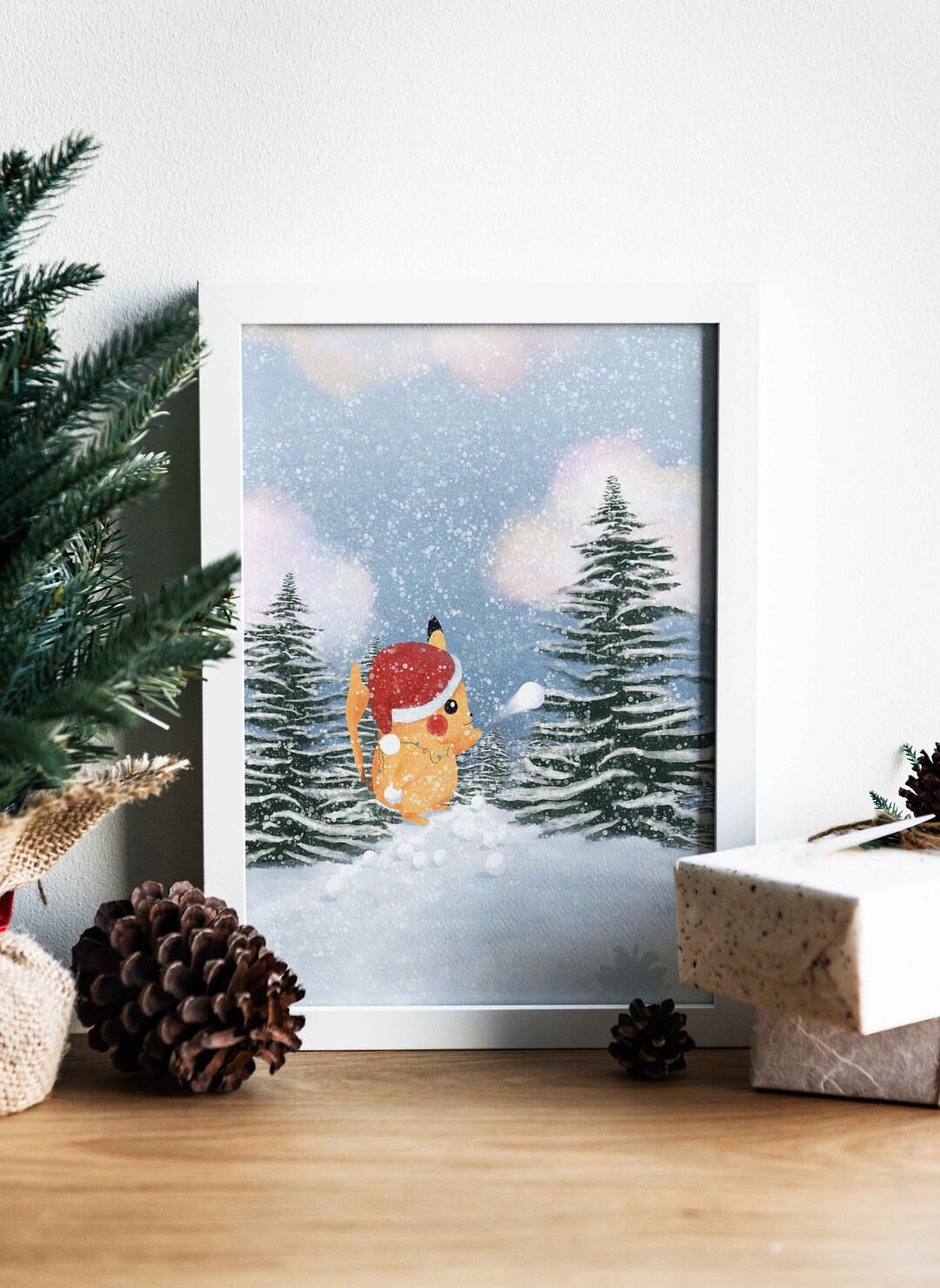 Christmas Pikachu Art Print, Christmas Decor, Pikachu Pokemon Wall