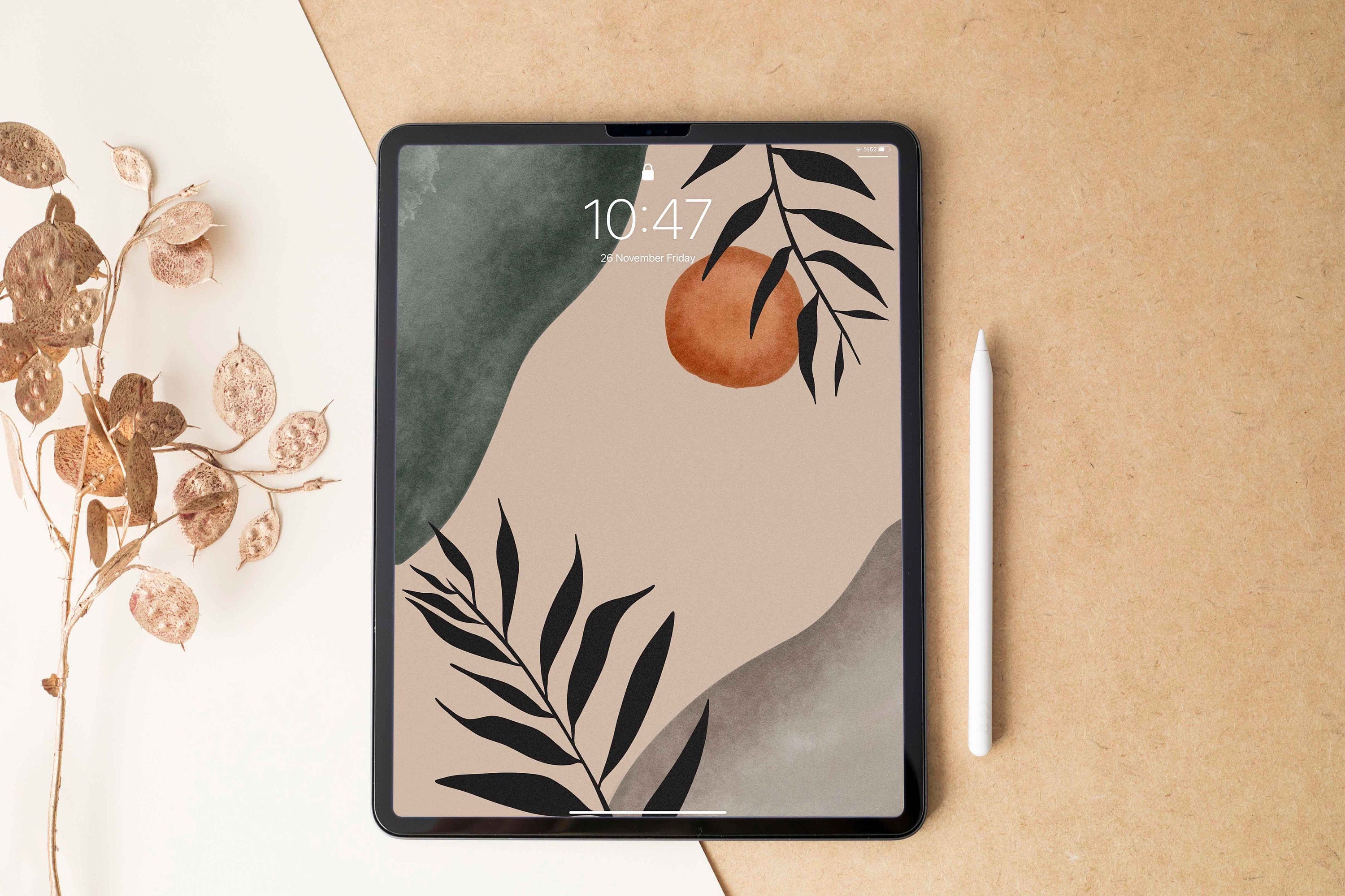 Leaves Background for Ipad Aesthetic Wallpaper Tablet Earthy Tones Abstract Screensaver Watercolor Background Burnt Orange Sun Wallpaper