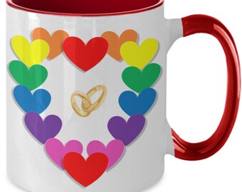 Gay Pride Wedding Mug, Rainbow Hearts, Love is Love