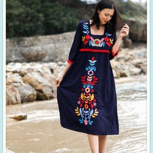 Blue Embroidered Dress Mexican Embroidered dress, Boho Style, Hand Embroidered dress, Ethno Folk dress, Woman dress, hand-embroidered dress