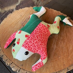 Quilted Strawberry Frog | Scrappy Handmade Frog Small Decorative Pillow | Stuffed Pink Green Frog | Cottagecore Decoration