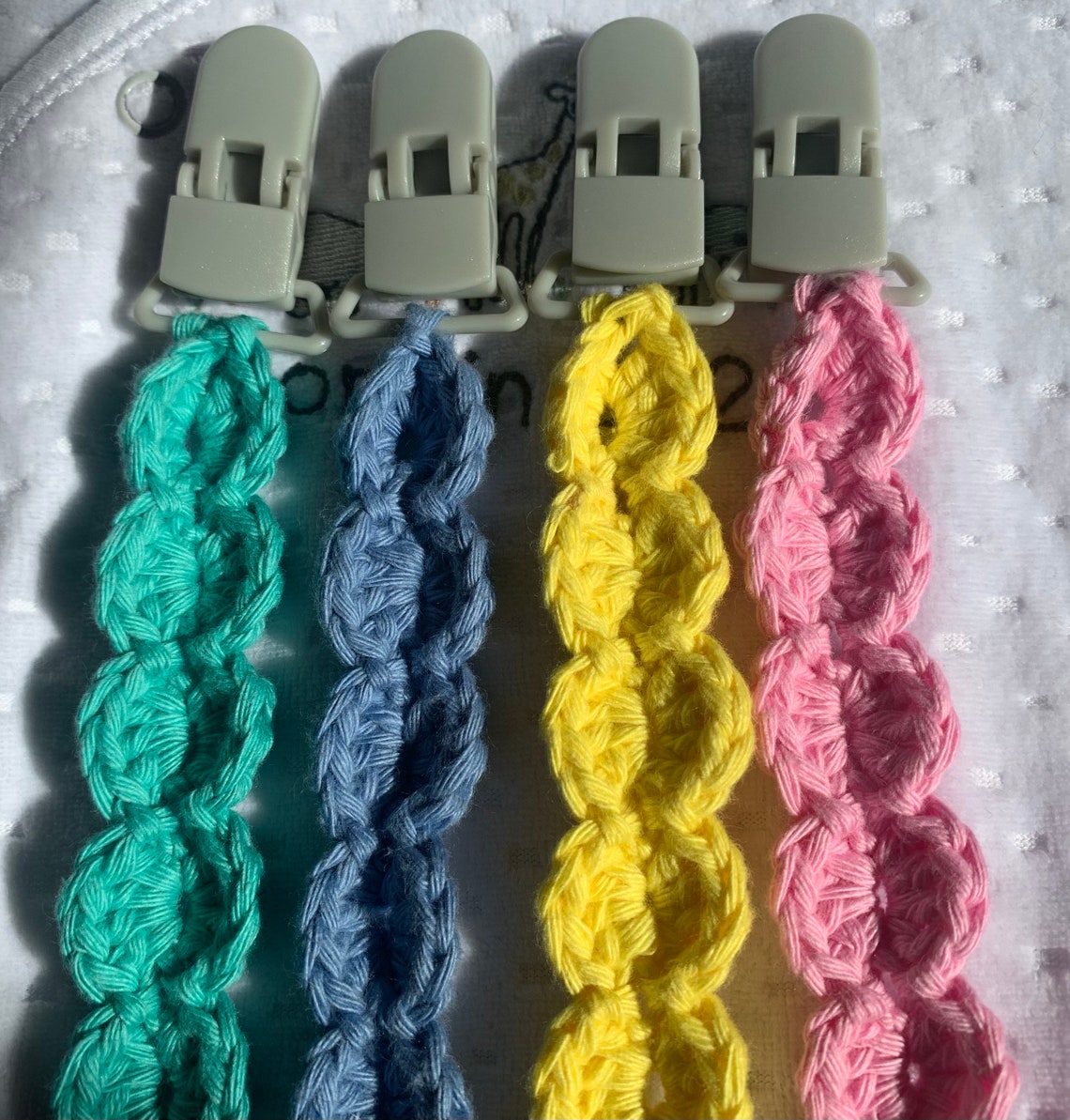 Handmade Crocheted Dummy/ Pacifier Clips made from 100 Etsy