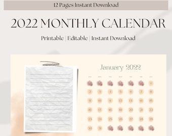 Calendrier mensuel 2022 | Paysage | Calendrier imprimable | Organisation | Téléchargement instantané modifiable