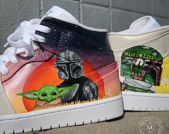 Der Mandalorian Grogu handbemalte Custom Nike Air Jordan 1 Mid Sneaker