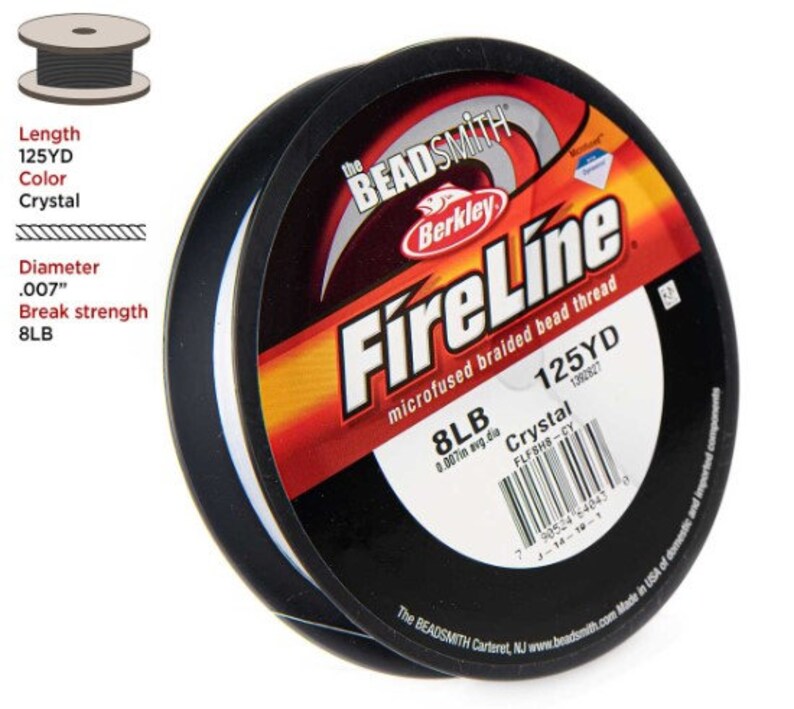 May include: A spool of white FireLine microfused braided bead thread by Berkley. The spool is labeled with the brand name, product name, and details like 125 yards, 8lb test, and Crystal color.