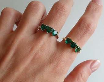 Emerald Style Triple Heart Shaped Statement Ring, Emerald Style Gemstones With Cubic Zirconia Gemstones, Gift For Her ,Valentine's Day Gift