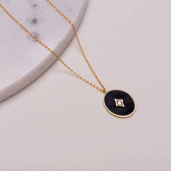 Black Enamel Oval Necklace , 925 Sterling Silver ,Dainty Necklace , Layering Necklace