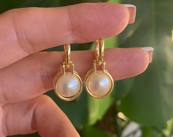 Pearl Hoop Earrings, Small Pearl Hoops, Gold Mini Hoops with Pearls, 14k Gold Filled Hoop Earrings with Dangles, Bridesmaid Earrings Gift