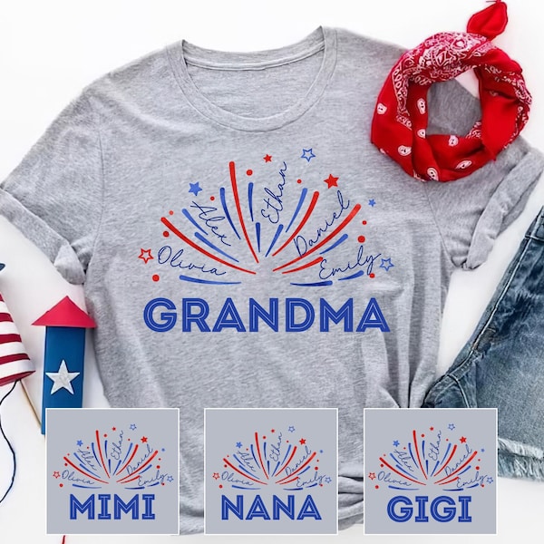 4th of July Grandma T Shirt, Custom Grandma Shirt with Kids names shirt, Patriotic 4th of July Tee Shirt for Independence Day Grandma Shirt