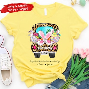 Personalized Grandma Bunny Tshirt, Leopard Easter Truck Shirt, Custom Kids Names, Easter Shirt For Grandma, Grandmother Gift, Cute Bunny Tee