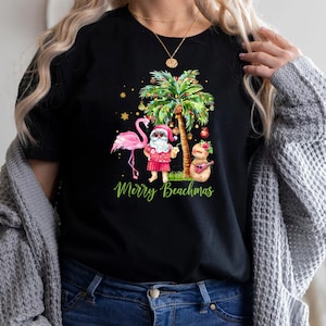 T-shirt Humour Merry Beachmas Père Noël Plage - Col V Coton Gildan, Taille Regular